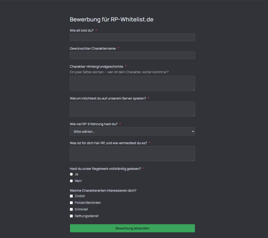 Öffentliches Bewerbungsformular, wie es Bewerber ausfüllen