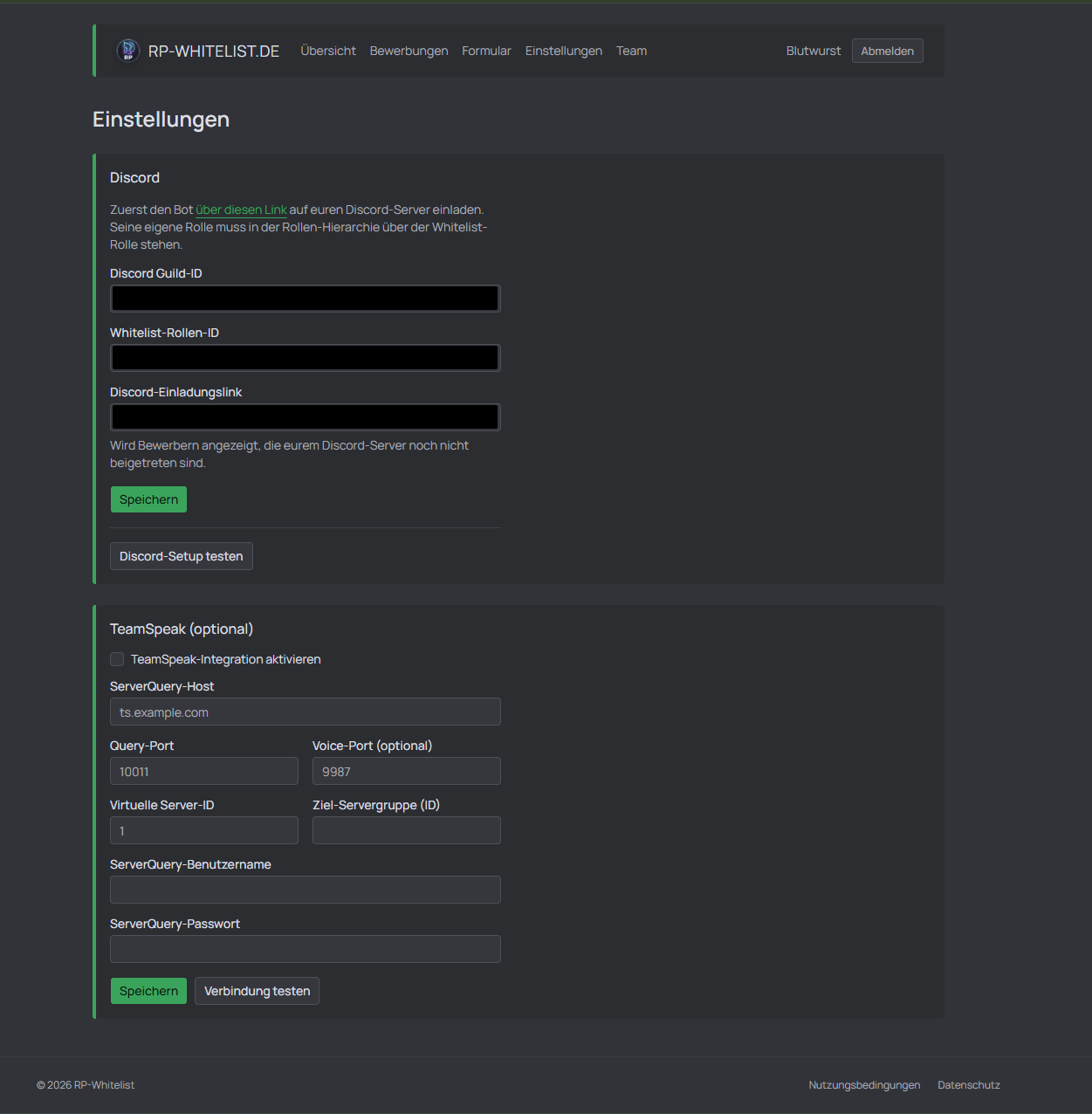 Einstellungsseite für die Discord- und TeamSpeak-Anbindung eines Servers (Zugangsdaten im Bild unkenntlich gemacht)