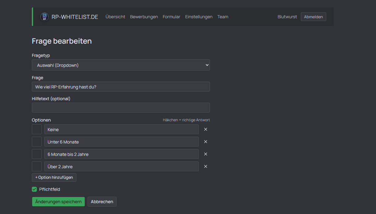 Bearbeitungsansicht einer Dropdown-Frage mit Optionen und Markierung der richtigen Antwort